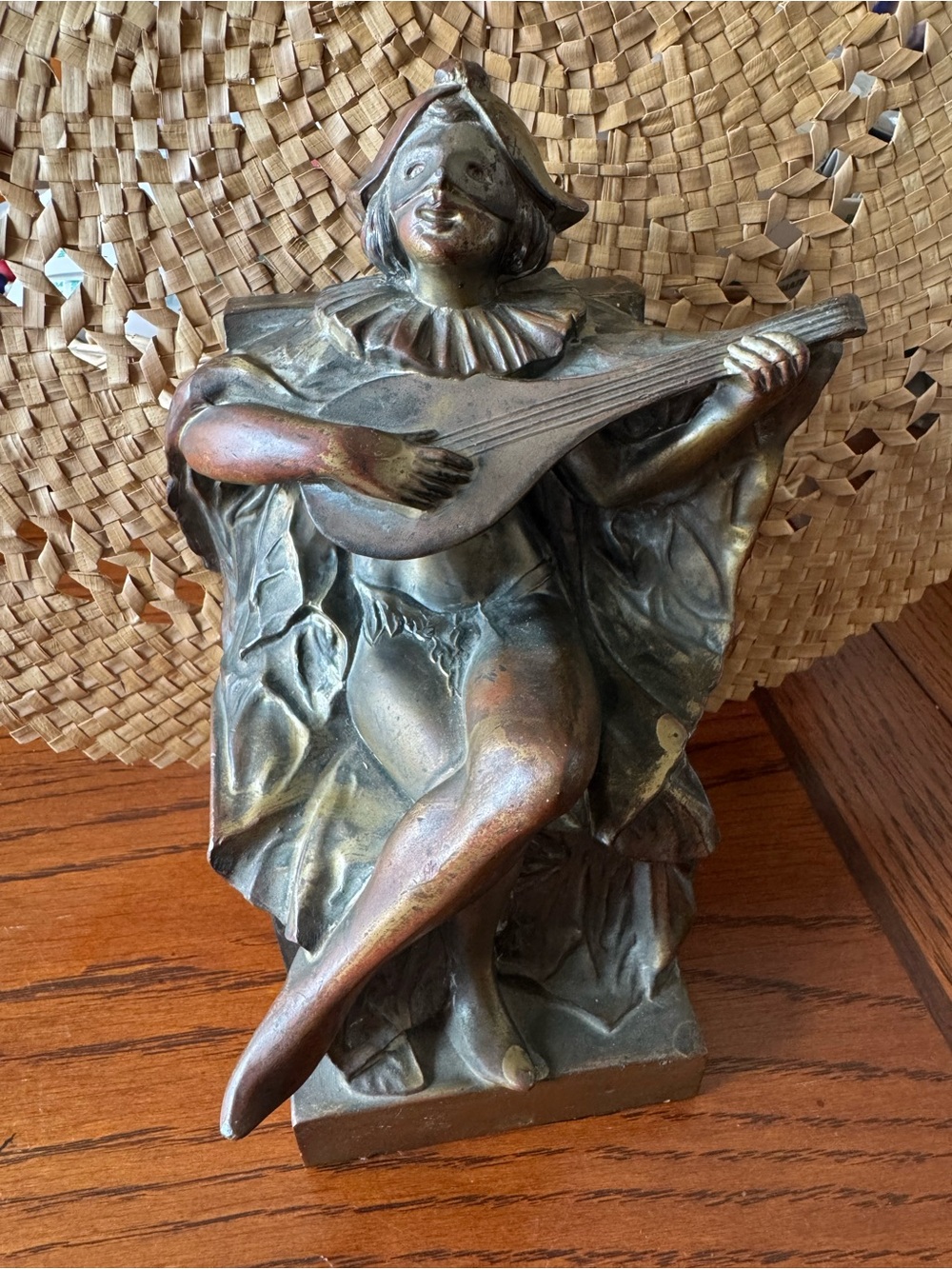 Vintage Art Deco Bronze Lady Harlequin Jester Single Bookend Sculpture Lute Mask